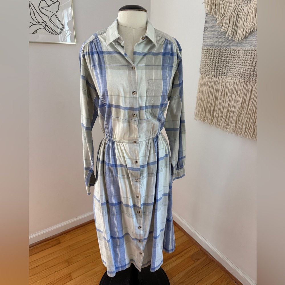 L.L. Bean Vintage Long Sleeve Plaid Dress - Blue and Cream - Picture 2 of 8